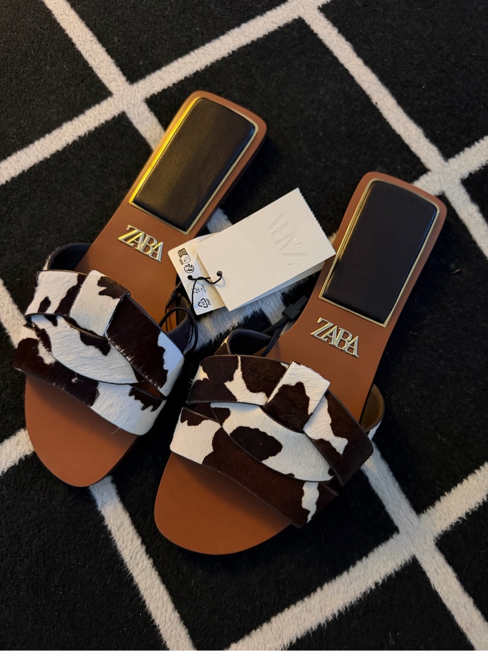 ZARA Cowhide Slide Sandals in Brown & White US 6.5 37 new with tags
